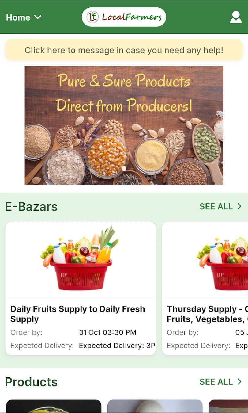 LocalFarmers app screens showing the farm-to-consumer marketplace