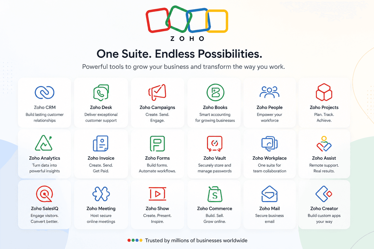 Zoho One Suite — CRM, Books, Projects, and 15+ business apps in one ecosystem